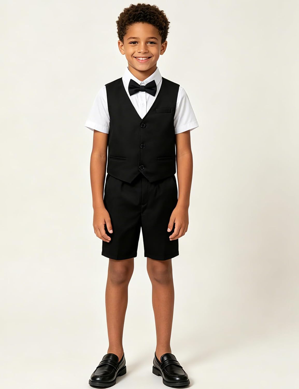 A&J DESIGN Boys Short Suit Set 3 Pieces Kids Formal Gentleman Outfit, 4-11 Years, Shirt + Vest + Shorts + Bow Tie