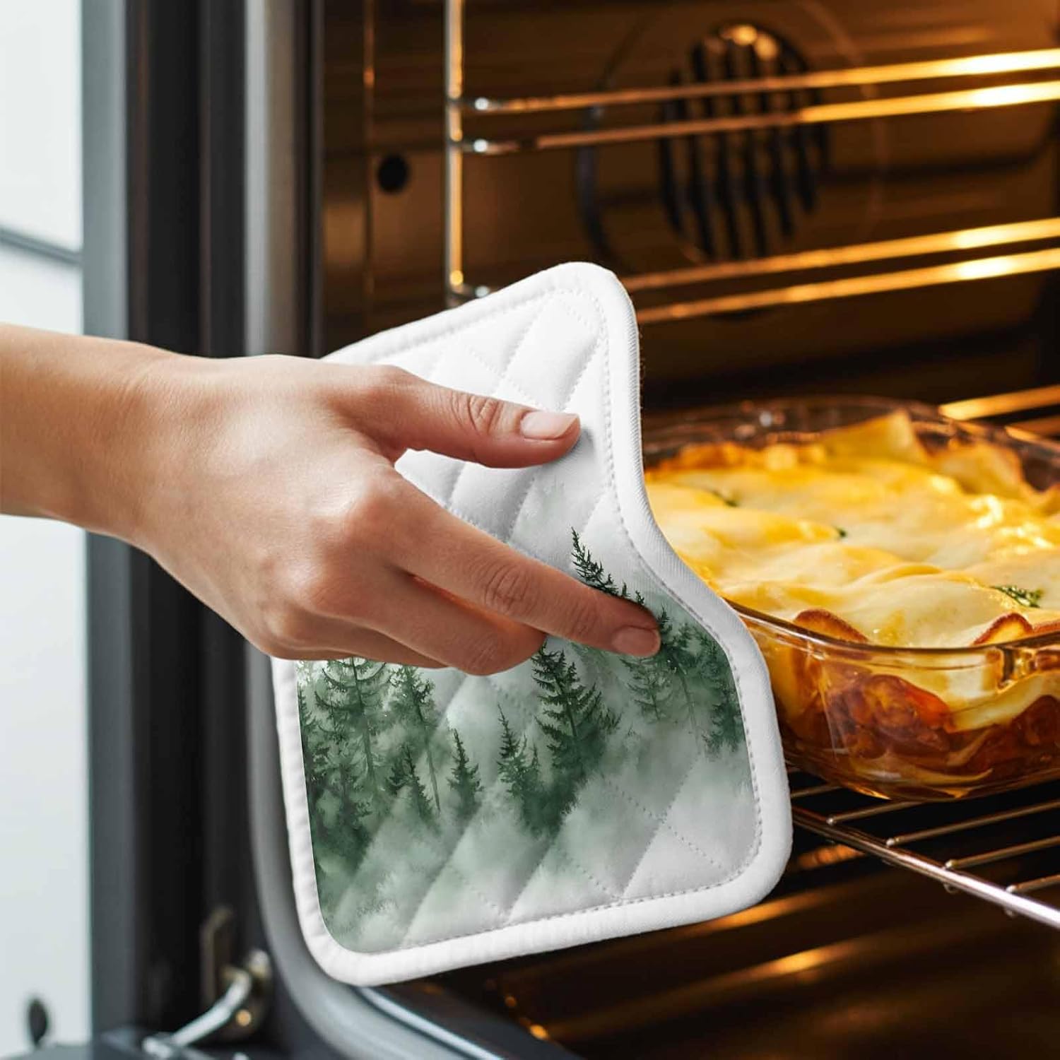 5 Pack Pot Holders for Kitchen, Green Foggy Forest Hot Pads for Kitchen Countertops Oven Pot Holder Bulk, Watercolor Mist Mountains Landscape Heat Insulation Potholders with Hanging Loops