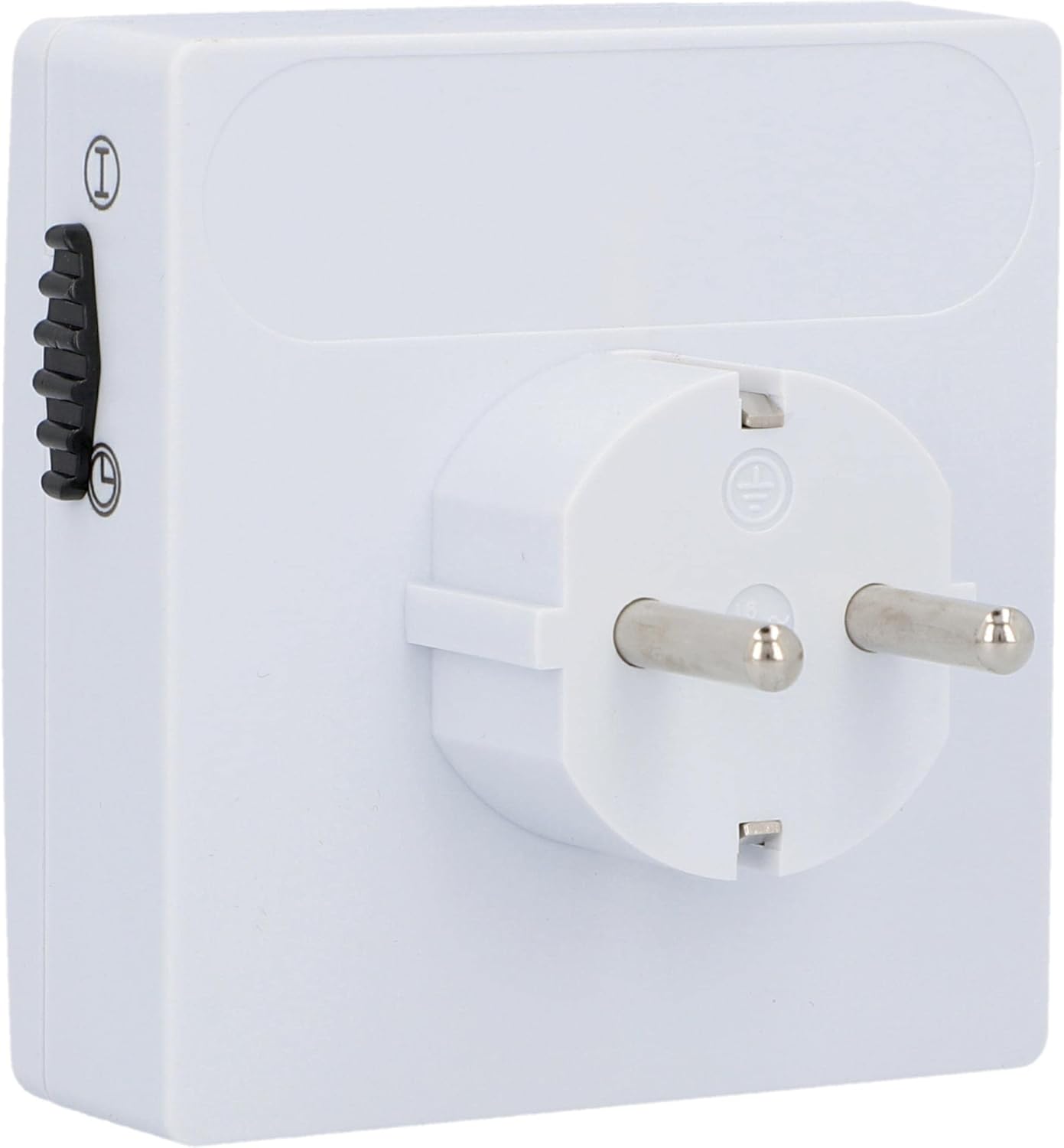 Rear view of the UNITEC Daily Mechanical Timer Switch, showing the plug prongs and the manual override switch.