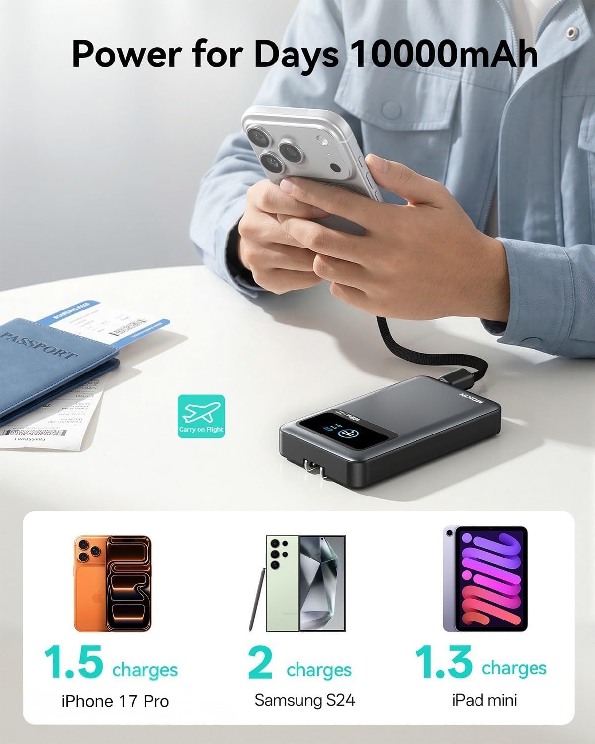 Portable Phone Charger Built in Cable and Wall Plug 10000mAh