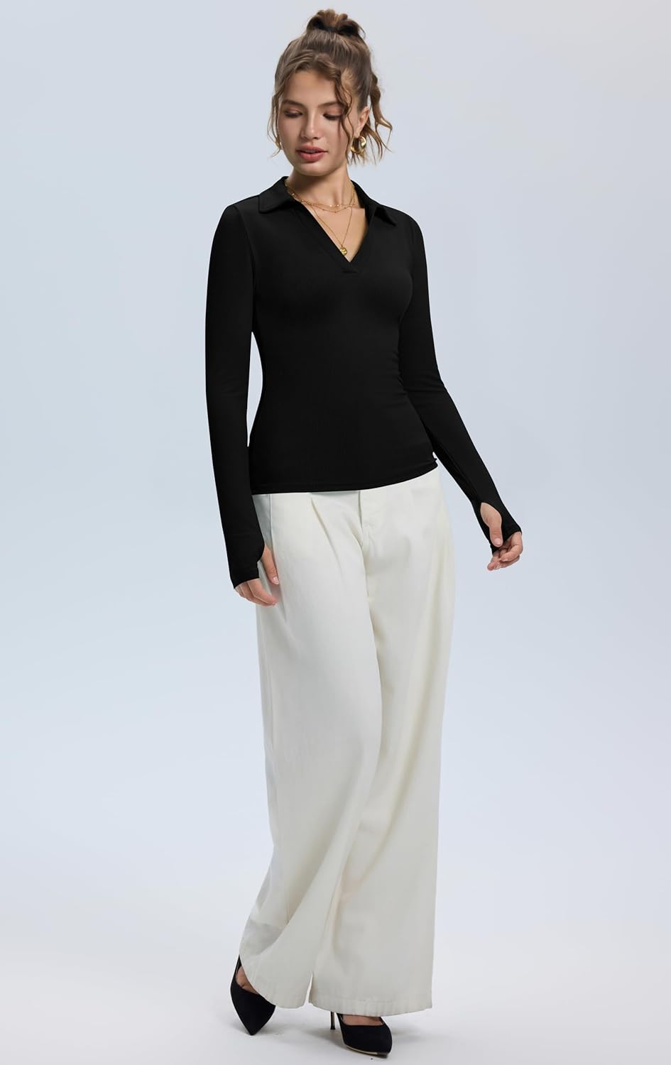 LOMON Womens Pullover Sweaters Y2K Going Out Tops Deep V Neck Polo Shirt Thumb Holes Ribbed Long Sleeve Tops for Women - Image 4