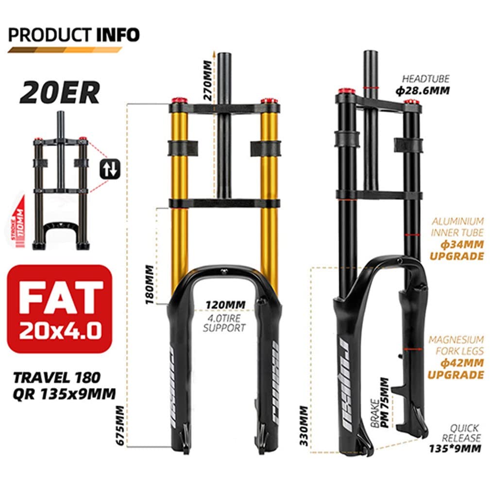 Forcella ad aria per bici, pneumatici 20x4.0'', forcella Fat, doppia spalla, escursione 110 mm, rimbalzo regolabile, attacco anteriore dritto 1-1/8 per freno a disco, QR, bici elettrica da neve (colo