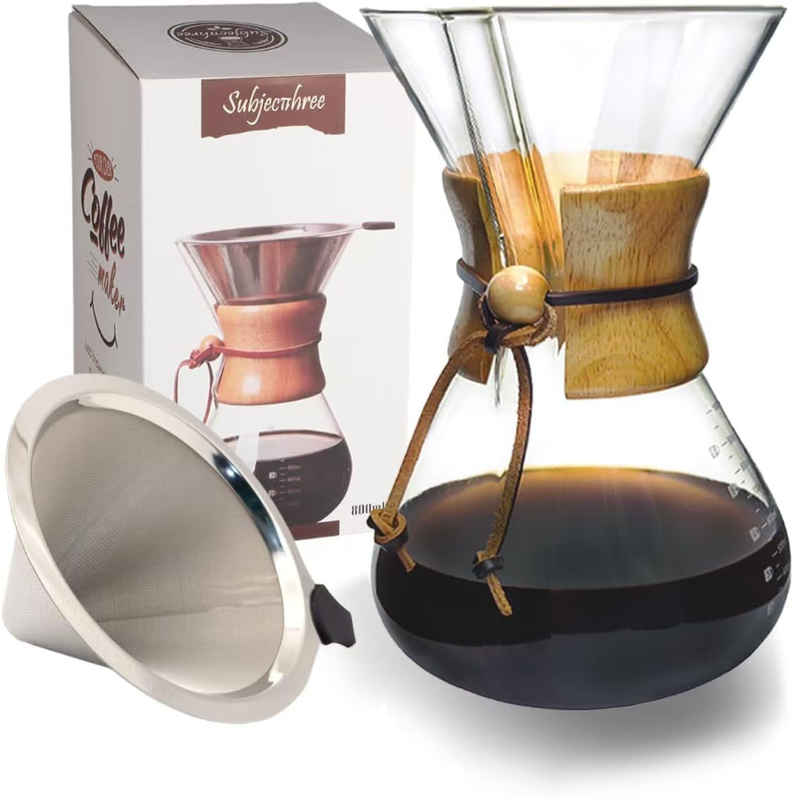 Subjectthree Pour Over Coffee Dripper 8 Cup Glass Coffee Maker Carafe Pot with Filter for Home Office Camping Easy Clean (8 Cup/28 oz)