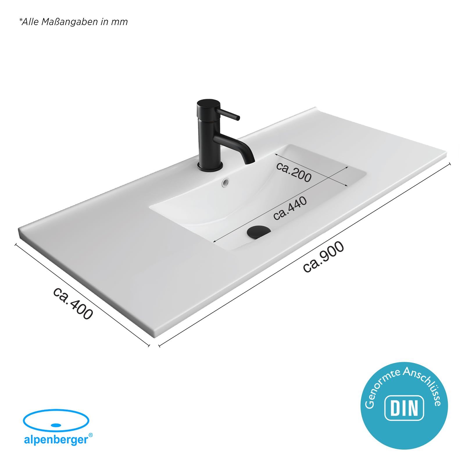 Alpenberger Lavabo de baño | lavabo empotrado | lavabo superior cuadrado | Lavabo para invitados de 90 cm de ancho | lavabo de mano con sellado de cerámica Nano