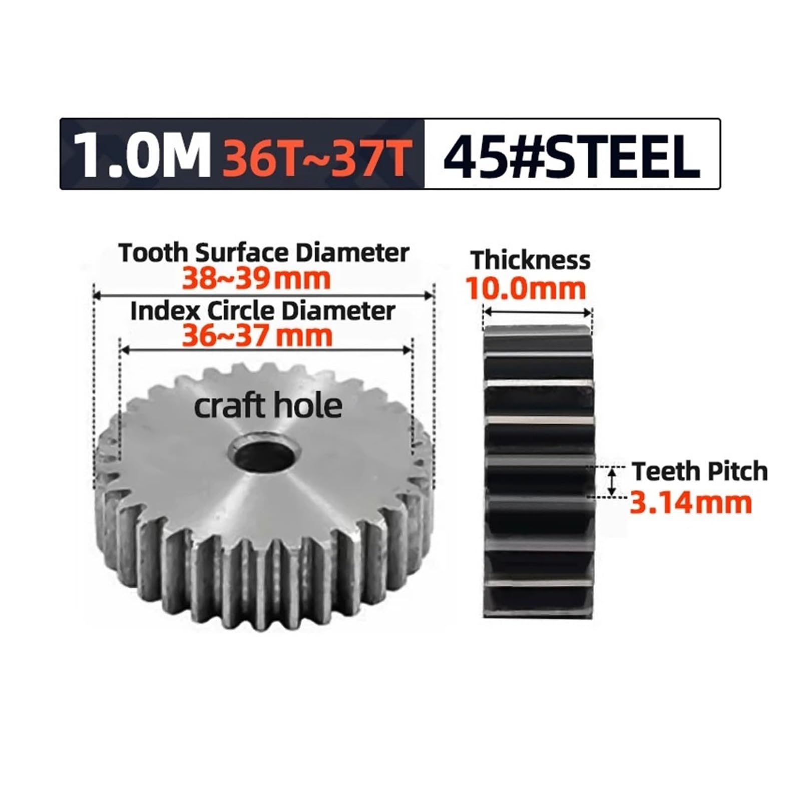 Bevel Gear Pinion Hardware Mechanical 36Teeth 37Teeth Gear Rack Spur Gear Hole Diameter 8mm Machinery Industry 45 Steel Gear(36Teeth)