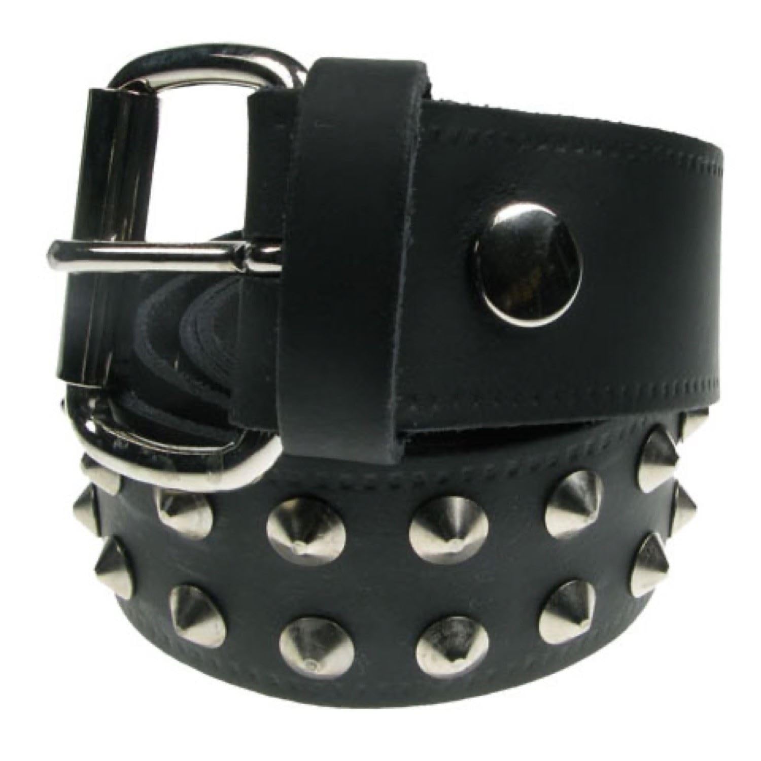 BULLET 69 Gothic Punk Leather Studded Belt 2 Row Conical Stud Black Fluorescent Emo Punk[Large 36"-40",Black with Silver Conical]