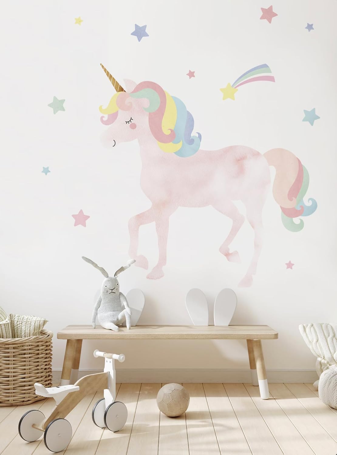 Pastel Twinkling Unicorn Wall Decal - Baby Nursery Wall Decals - Watercolor Unicorn Stars Wall Sticker - Girls Unicorns Stickers for Bedroom Room Classroom Art Mural Vinyl Sticker (M)