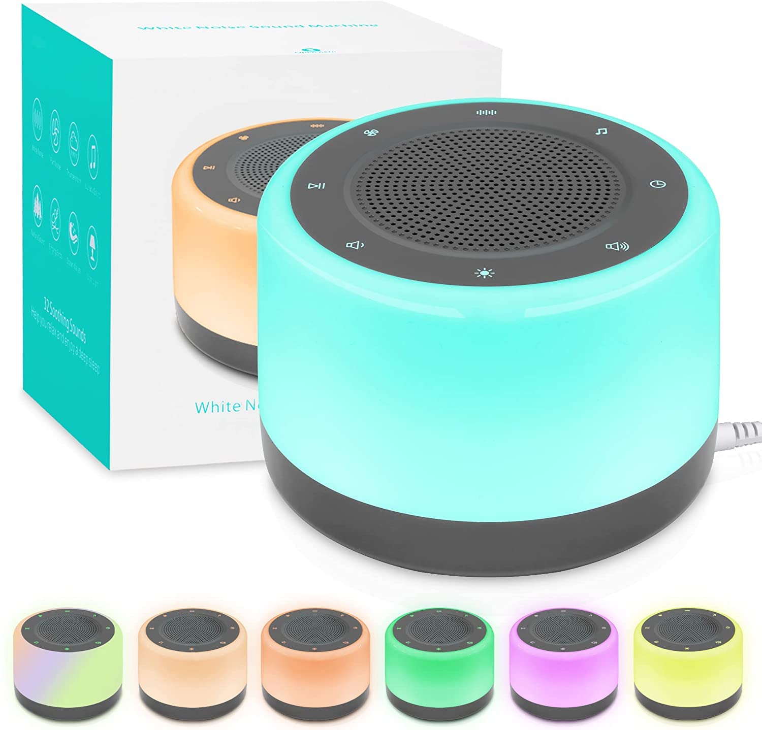 Easysleep Geluidsmachine met 25 rustgevende geluiden en nachtverlichting met 32 volumeniveaus 5 timers, geheugenfunctie voor volwassenen, baby's en kinderen (wit