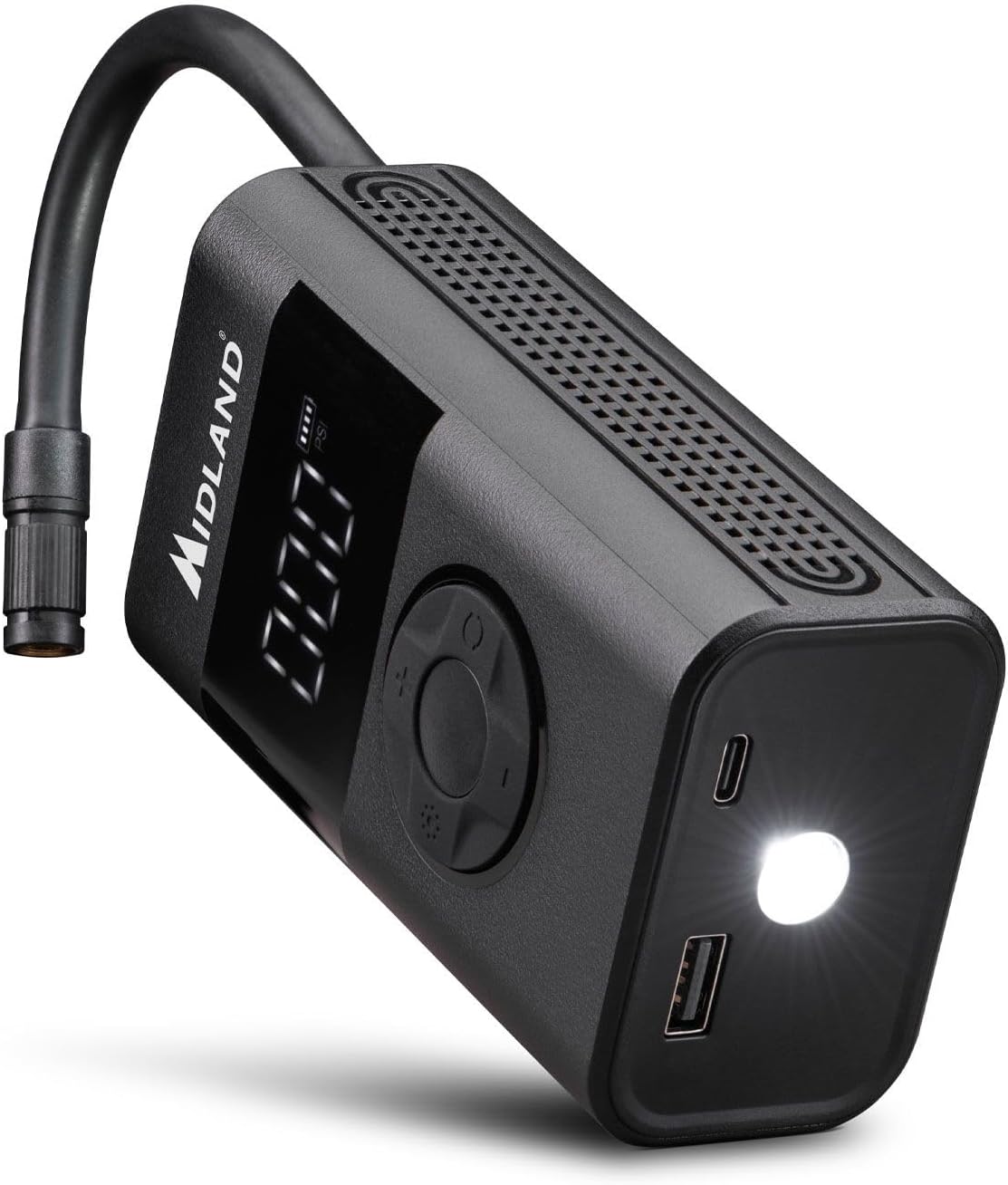 Angolat view of Midland ENERPUMP showing USB ports and LED light