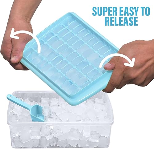 Miniatura 3 de Bandeja para cubitos de hielo (azul) con tapa y contenedor para congelador, fácil liberación, paquete de 2 de 55 moldes para bandejas de hielo con