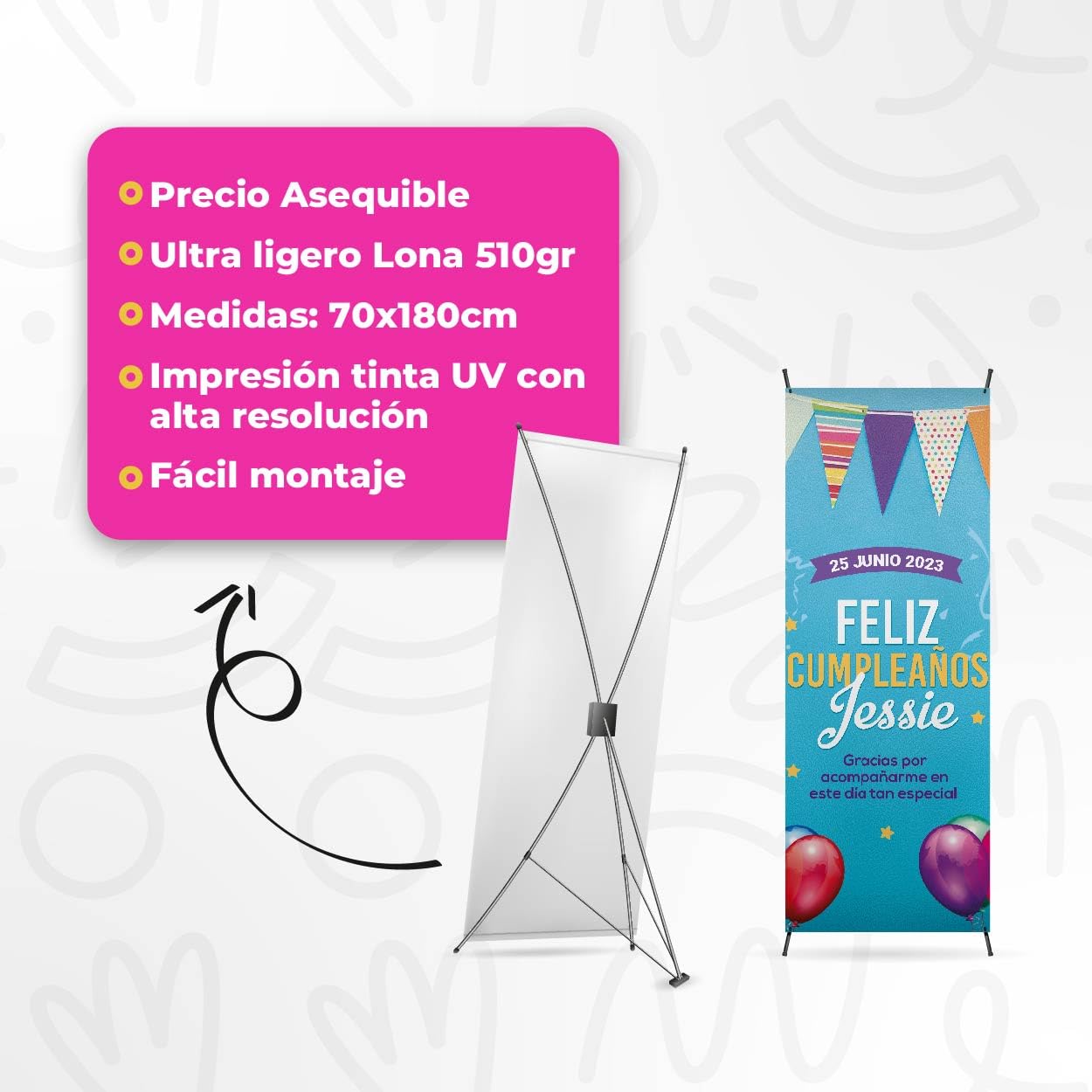 Cartel Personalizado - Photocall Cumpleaños con Fecha y Nombre Personalizable - Pancarta Personalizada con Estructura 70x180 cm - Feliz cumpleaños Decoracion - Feliz Aniversario