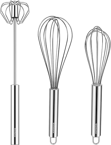 NileHome Juego de batidores de acero inoxidable de 8 pulgadas y 10 pulgadas + batidor giratorio semiautomático de cocina de 12 pulgadas para