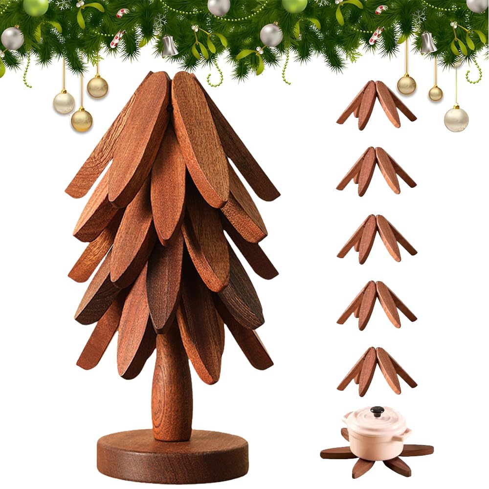 Wooden Trivet Tree Coasters Stackable, Christmas Tree Shaped 3/4/5+1 Natural Wood Heat Resistant Tree Coasters for Kitchen Xmas Decor (5 Trivets - A)