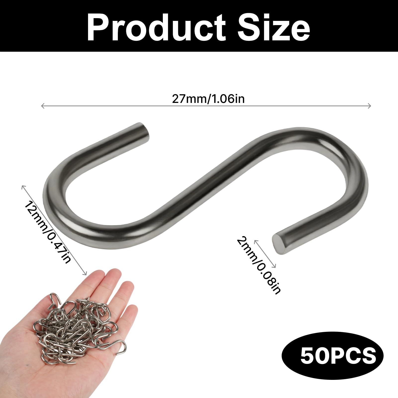 50pcs 304 acciaio inox S ganci intuitivi 28mm per cucina, bagno, officina e giardino - Ganci robusti S per progetti creativi fai da te e stoccaggio versatile