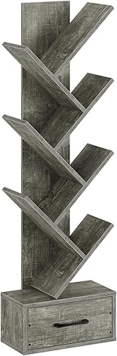 Rolanstar Estantería con cajón de madera, estantería de árbol de 7 estantes, almacenamiento moderno para libros, estantería de árbol de pie,