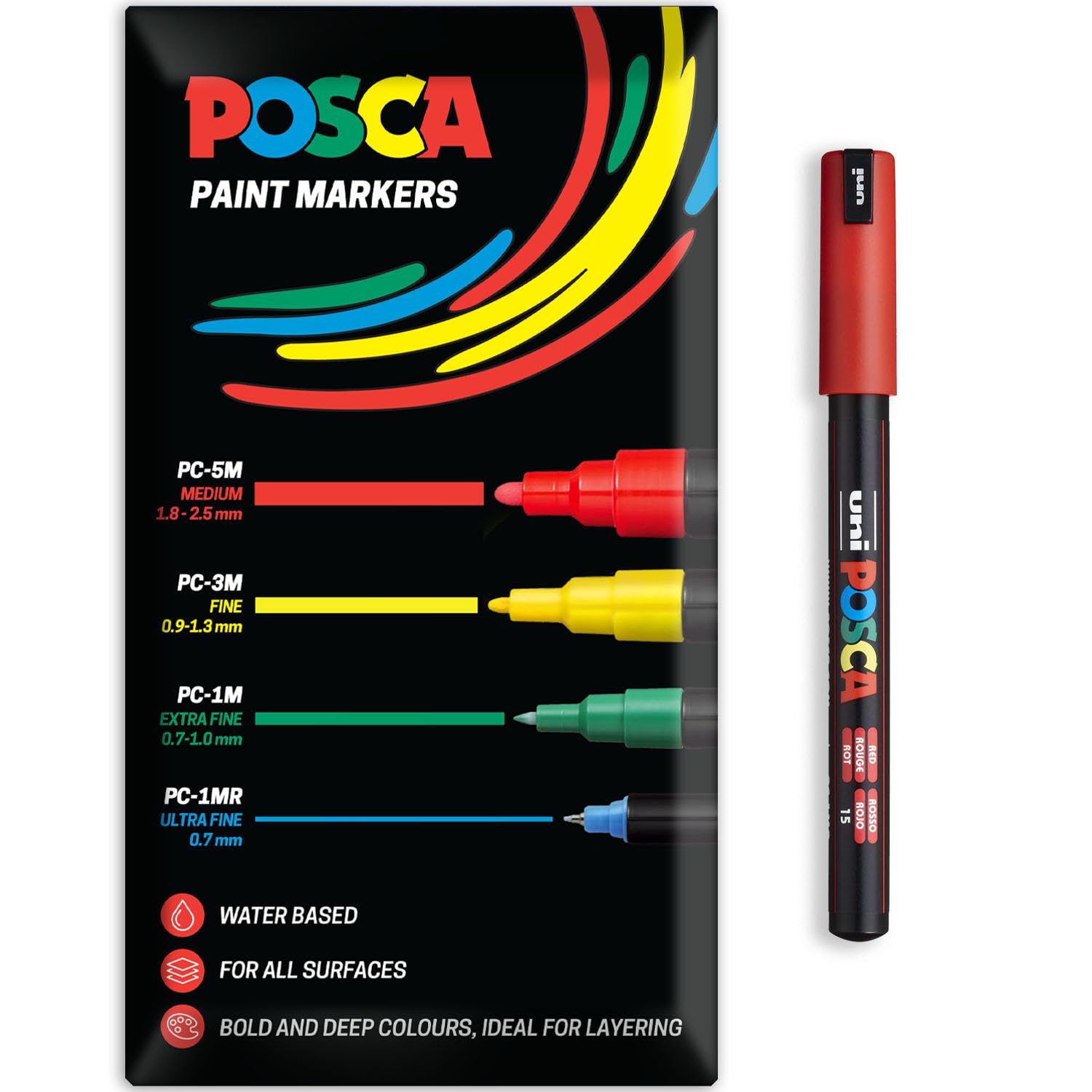 Posca Water Based Acrylic Paint Marker Pens | Multi Surface Use Permanent Paint Pen | Pack of 1 in Envelope Gift Packaging | Glass, Fabric, Canvas, Wood etc | PC-1MR, Red