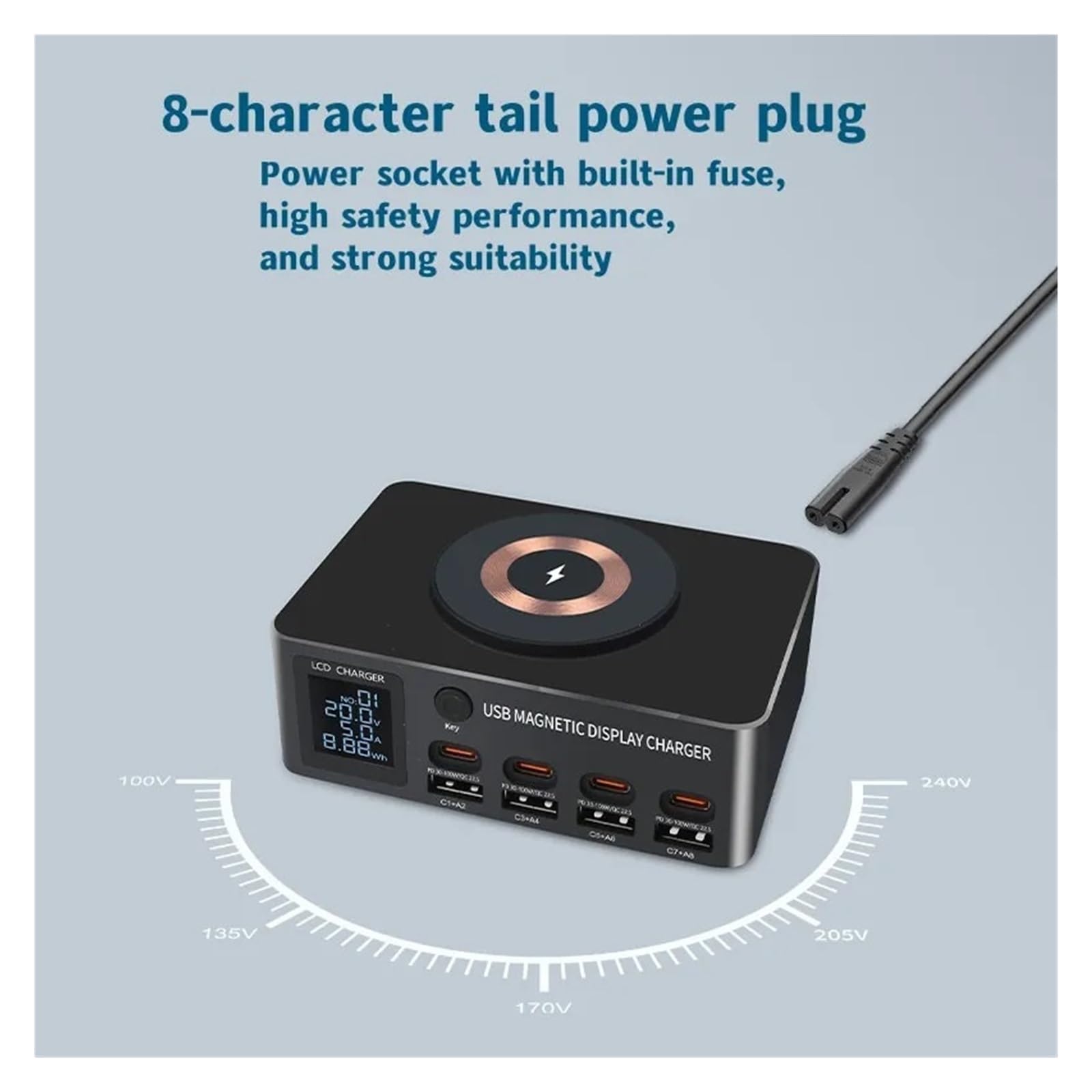 8-portowa Stacja Ładująca USB 140 W Typu C PD QC3.0 Wieloportowa Szybka Ładowarka Z Wyświetlaczem Bezprzewodowa 15