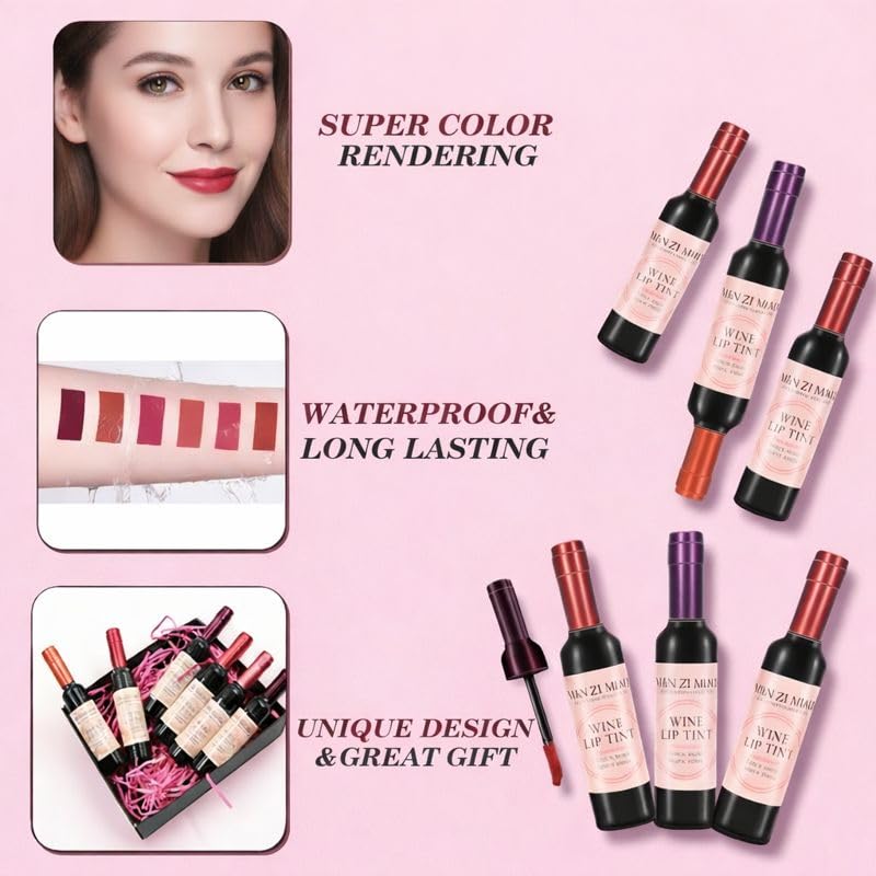Wine Gloss Set | 6-Color Waterproof Lip Stain & Smudge-Proof Kit for Women | Long-Lasting Non-Drying Formula in Wine Bottle Design for Soft Natural Lips & Party Makeup Essentials - Image 4