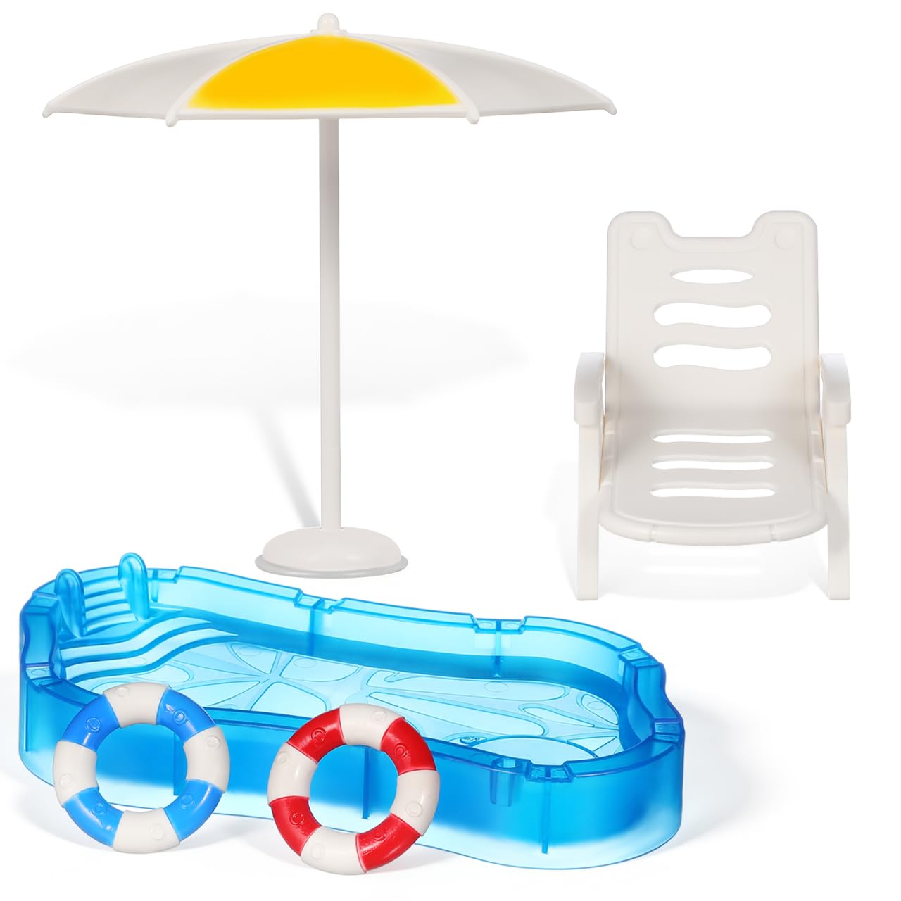 POPETPOP Miniature Beach Set with Mini Pool, Mini Deck Chair and Small Beach Umbrella, 1:12 Scale Dollhouse Accessories for Fairy Garden, Summer Party Cake Topper Decorations