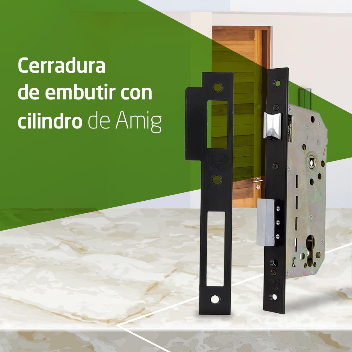 Amig - Cerradura de Embutir con Cilindro de Seguridad y Bocallave + 5 Llaves - Para Puertas de Madera de Entrada - De Acero Acabado en Negro - Picaporte Reversible - Para Manilla de 8 mm