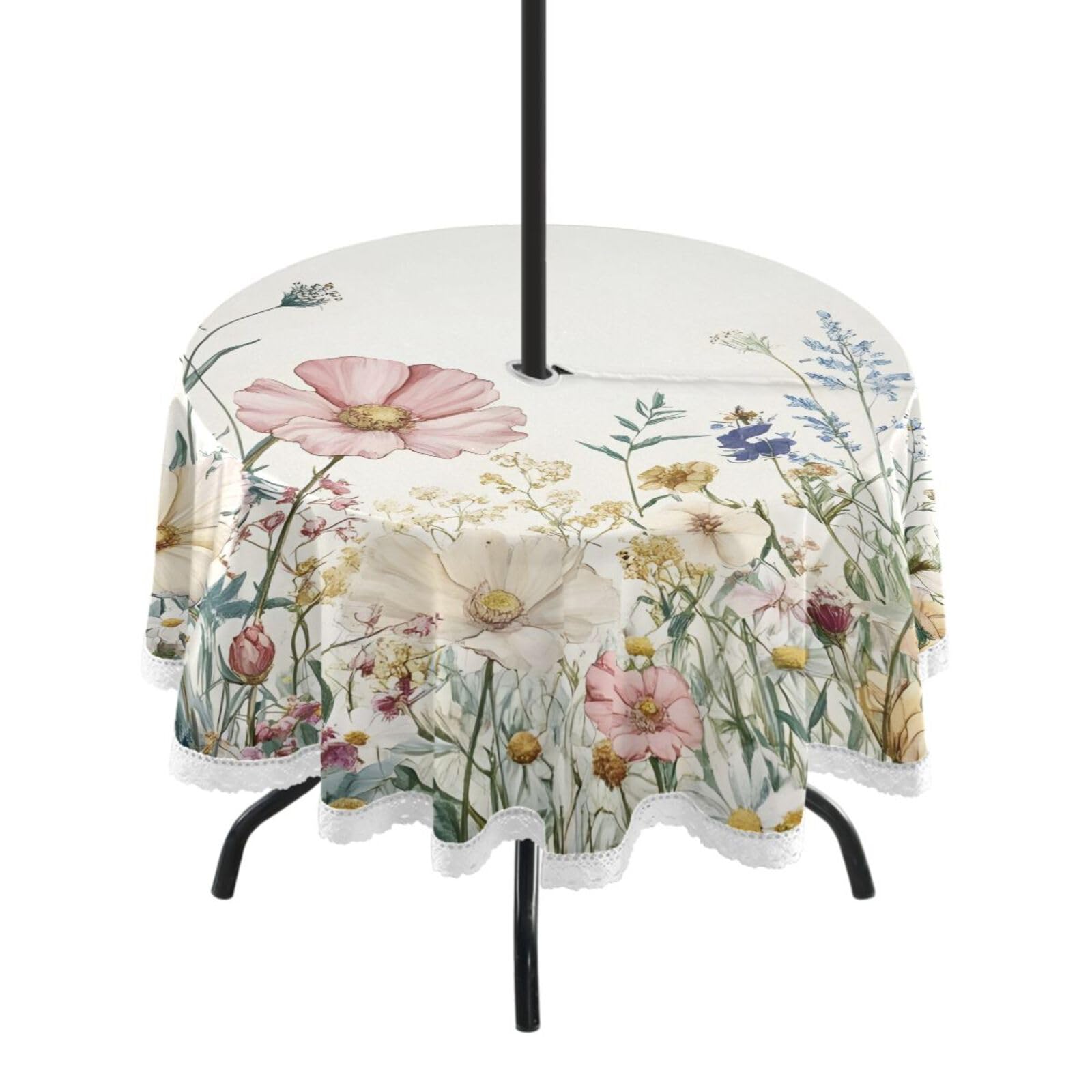 Ttgoth Wildflowers Outdoor Table Cloth 152 cm Water Stain & Resistan Tablecloth Wipeable Table Cover with Parasol Hole & Zipper for Garden Patio Party Picnic