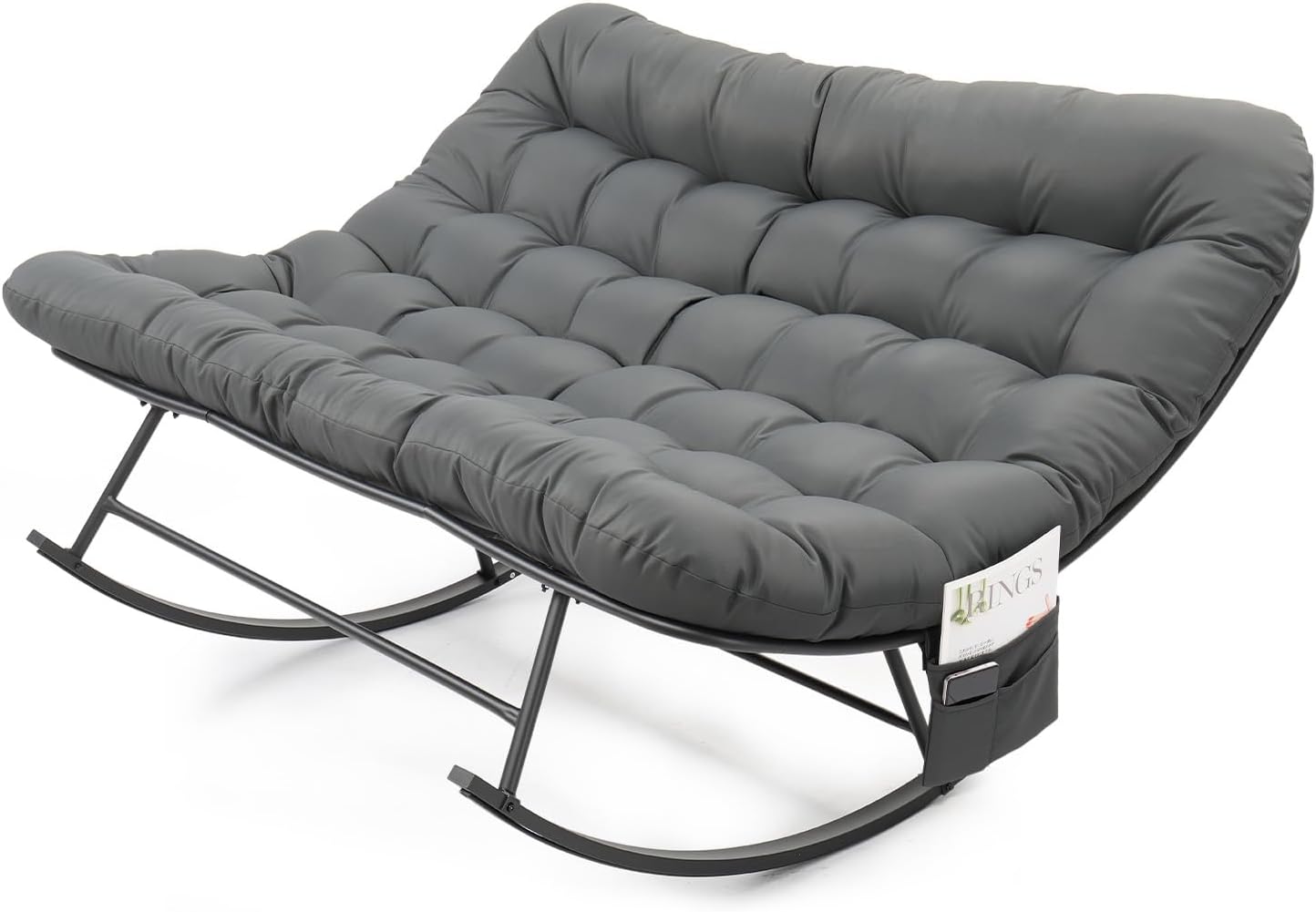 VINGLI Double Rocking Papasan Chair, Oversized Rocking Chair with Soft Cushion Outdoor & Indoor, 700 lbs Capacity 2 Person Patio Rocking Chair with Magazine Bag for Garden Backyard Lawn