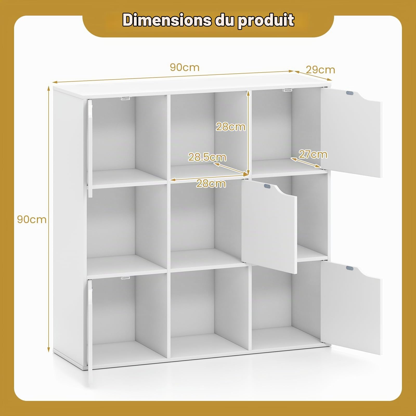 COSTWAY Bibliothèque Étagère de Rangement 9 Cases, Armoire de Rangement avec 4 Cubes Ouverts 28 x 28 cm, 5 Compartiments avec Porte, Meuble de Rangement pour Salon, Bureau, Chambre, Blanc