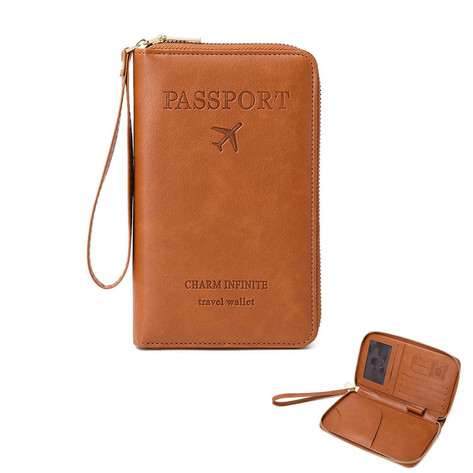 PU Passport Travel Bag Wallet with Wrist Let, Multiple Card Slot Design with ID Window Fashion Embossed Minimalist Passport Card Bag Travel Essential Organizer Bag, 19x11x2.5cm-image-14
