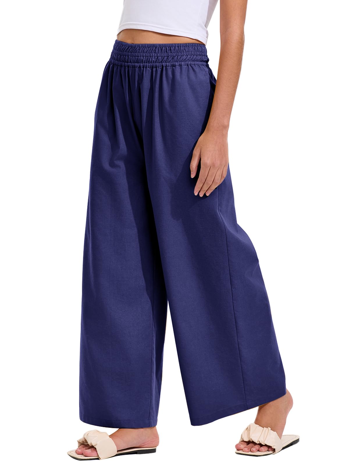 Les umes Pantaloni Donna Casual Cotone e Lino Elastica Vita Alta Palazzo Estivi Pantalone Gamba Larga con Tasche