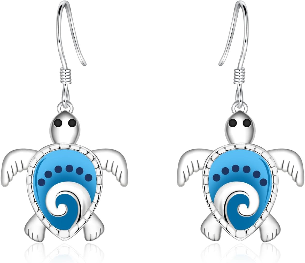 Hawaiian Sea Turtle Dangle Earrings - Silver Hypoallergenic Blue Ocean Animal Earrings Beach Themed Jewelry Gifts for Women Grandma Elders