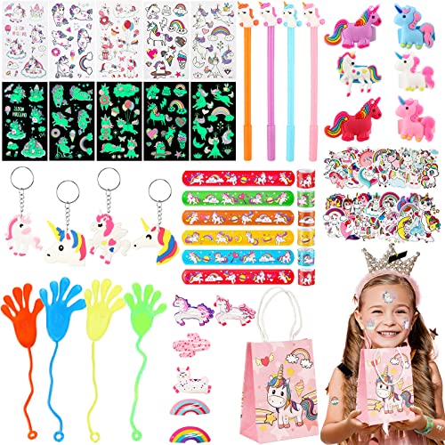 86 Pcs Cadeaux de Fête d'Anniversaire de Licorne Enfants, 6 Bracelets de Claque 5 Tatouages 4 Porte-Clés 4 Mains Collantes 6 Bagues Arc-en-Ciel 6 Pinces 4 Stylos à Encre 50 Autocollant Sac Cover