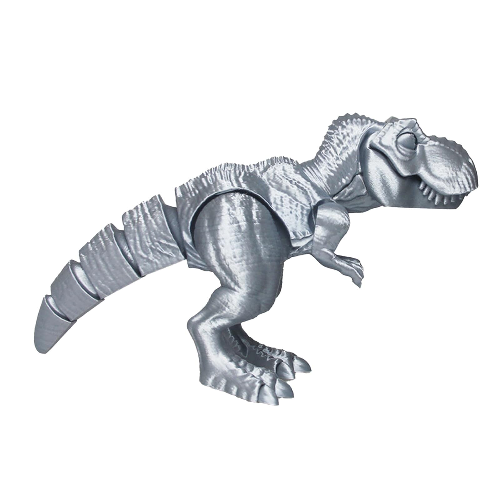 3D Printed T-Rex Dinosaur Skeleton, 9cm Articulated Dino Bones Toy, Interchangeable Skull, Anatomically Precise Rainbow PLA, Fidget Gift for Dinosaur Lovers, Pocket Prehistoric Model Silver
