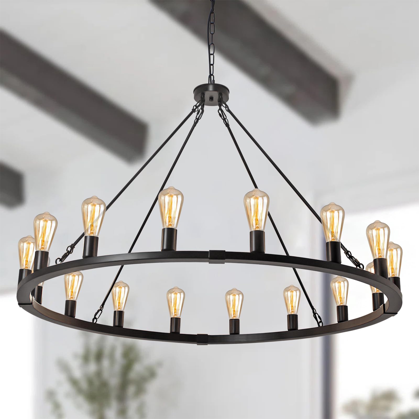 16-Light 48" Large Wagon Wheel Chandelier, Farmhouse Chandelier, Rustic Vintage Round Pendant Light Fixtures for Kitchen Island Dining Living Room Foyer Entryway, Black Finish