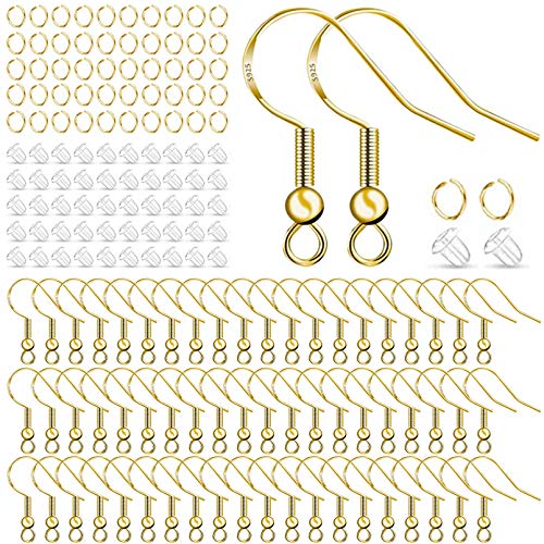 350 Pcs DIY Earrings Making Supplies Kit, 925 Hypo-allergenic Fish Earring Hooks, Open Jump Rings with Soft Silicone Earring Backs (Gold)