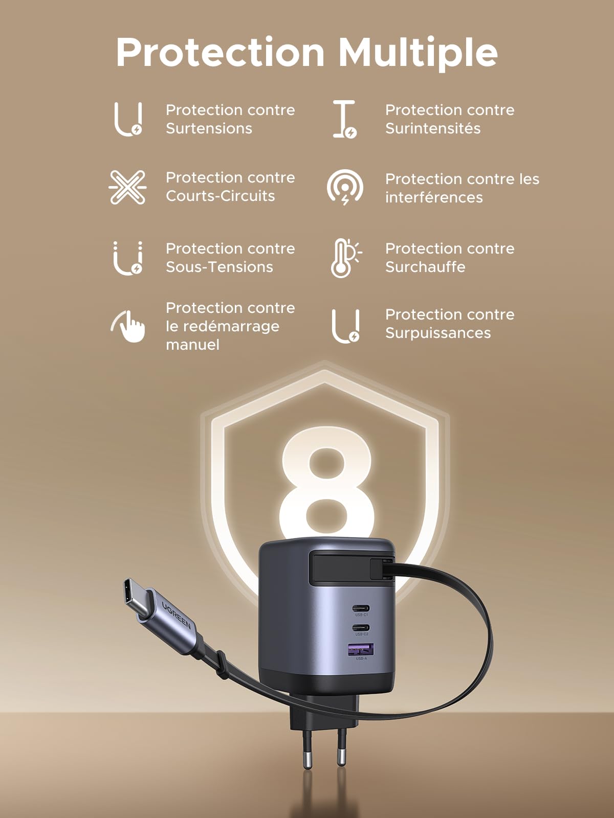 UGREEN Nexode 100W Chargeur USB C Rapide avec Câble Rétractable Intégré GaNInfinity Compatible avec MacBook Pro Air Neo iPad Mini iPhone 17 Pro Max Air 16 15 14 13 12 Galaxy S26 S25 S24 Pixel 10 9 8