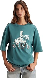 GRIMELANGE Majer%100 Organik Pamuklu Western Tema Baskılı Regular Fit T-shirt, m, MAJER01082024, Yeşil, Kadın