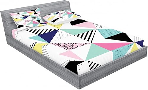 Miniatura 240 de Ambesonne Juego de sábanas bajeras y fundas de almohada con diseño de gato durmiendo en luna creciente, estrellas, sueños nocturnos, juego de ropa