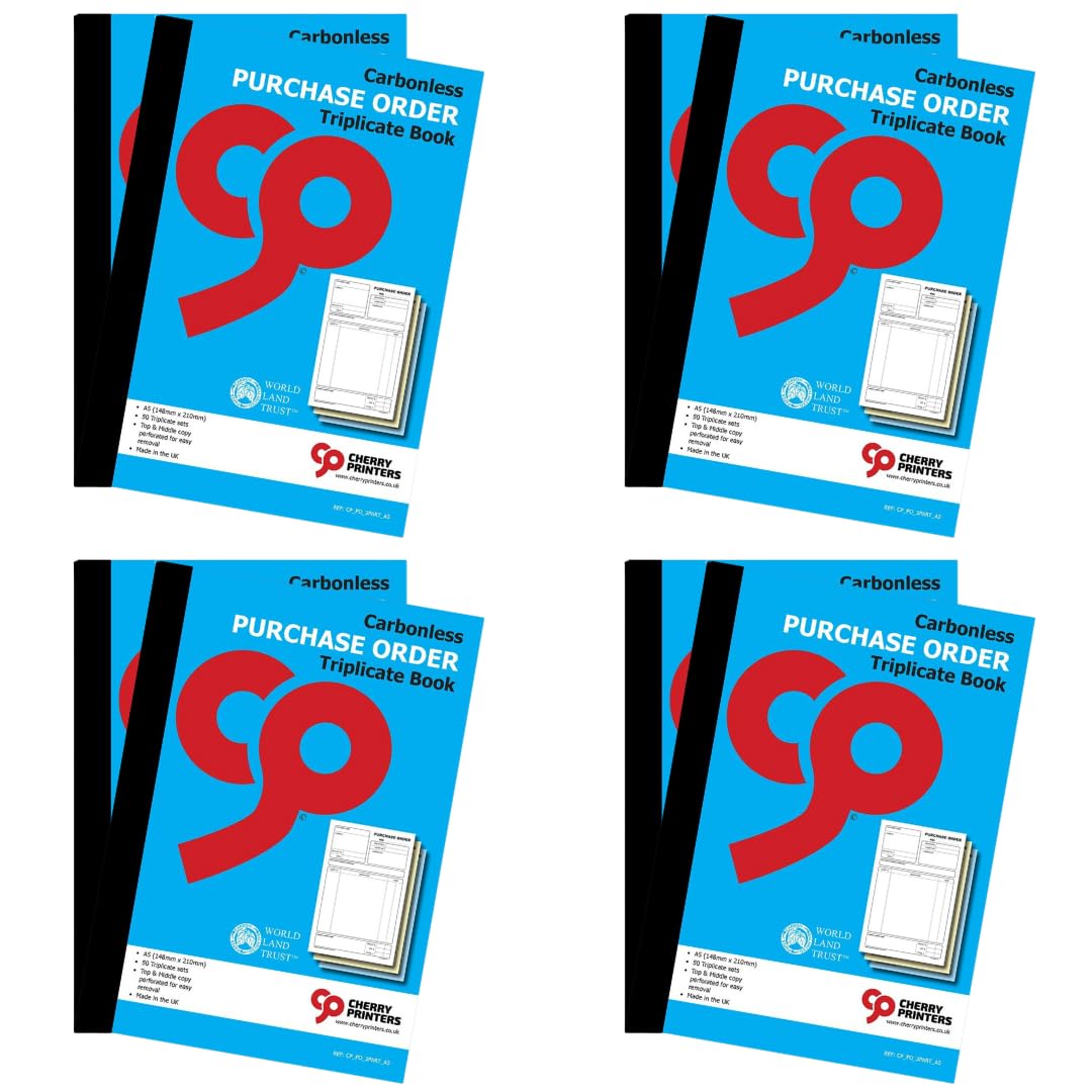 Cherry Printers | Carbonless Purchase Order Triplicate Book A5 | 3 Part Book | 50 Triplicate Sets | Perforated Easy Tear Copies | Purchase Order Forms for Business Office Self Employed **8 Pack**