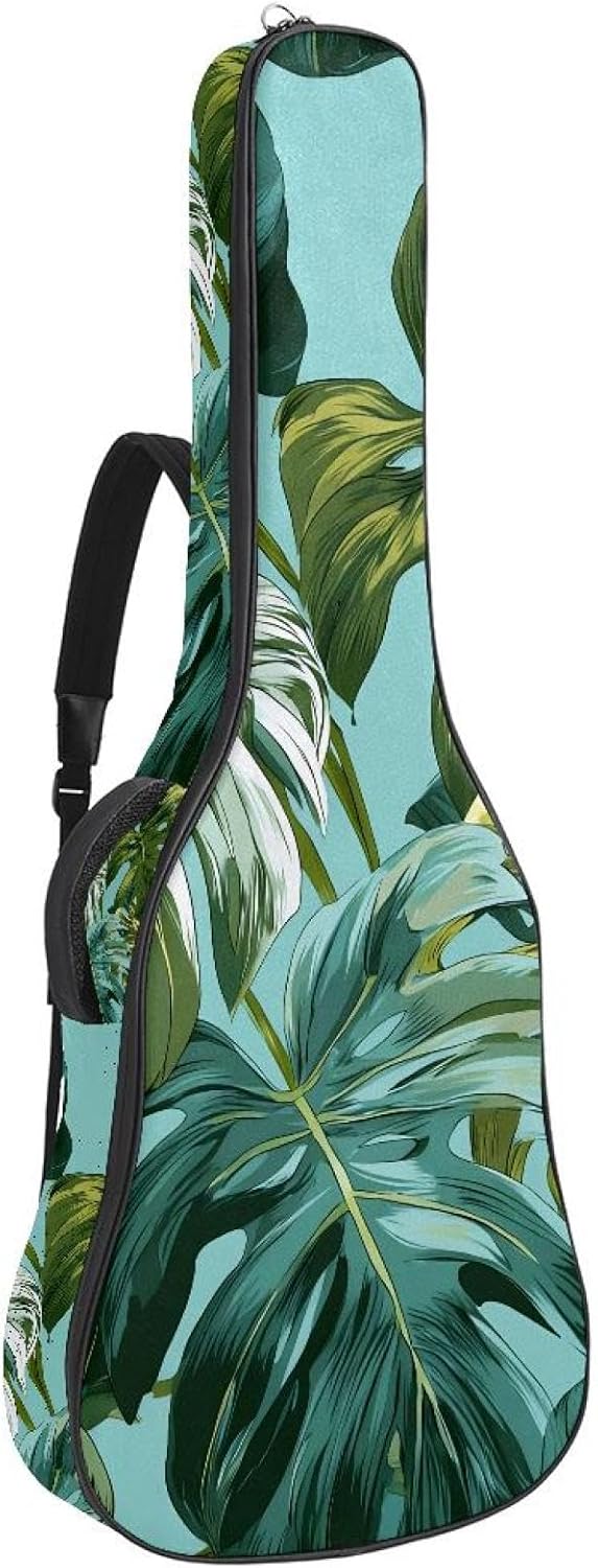 40 41 42 Inch Acoustic Guitar Bag, 0.4 In Thick Sponge Padded Guitar Case Gig Bag with Back Hanger Loop and 2 Pockets, Seamless Green Tropical Monstera Leaves