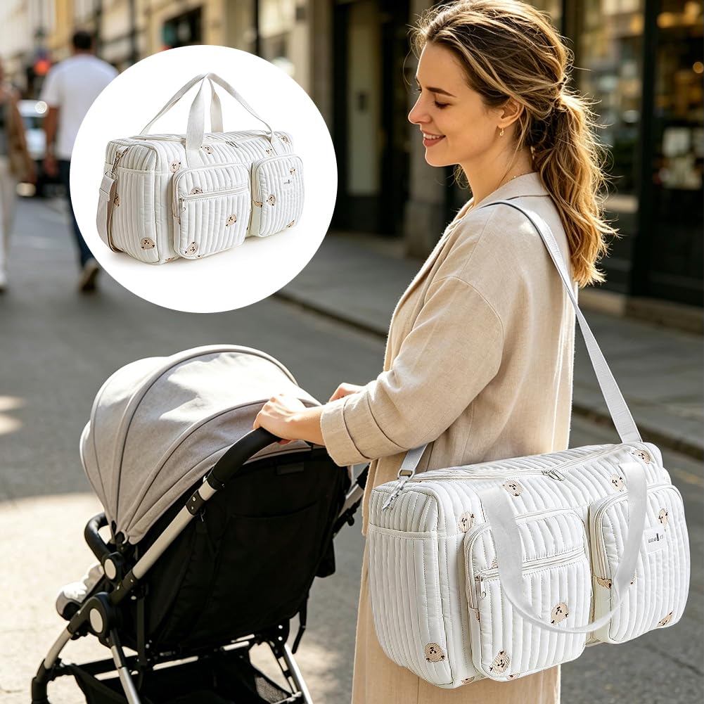 Grand sac à langer, sac clinique de naissance, 48 × 22 × 26 cm, en coton, sac pour bébé, avec broderie, sac maman pour l'hôpital, la naissance, les voyages et la poussette, pliable avec