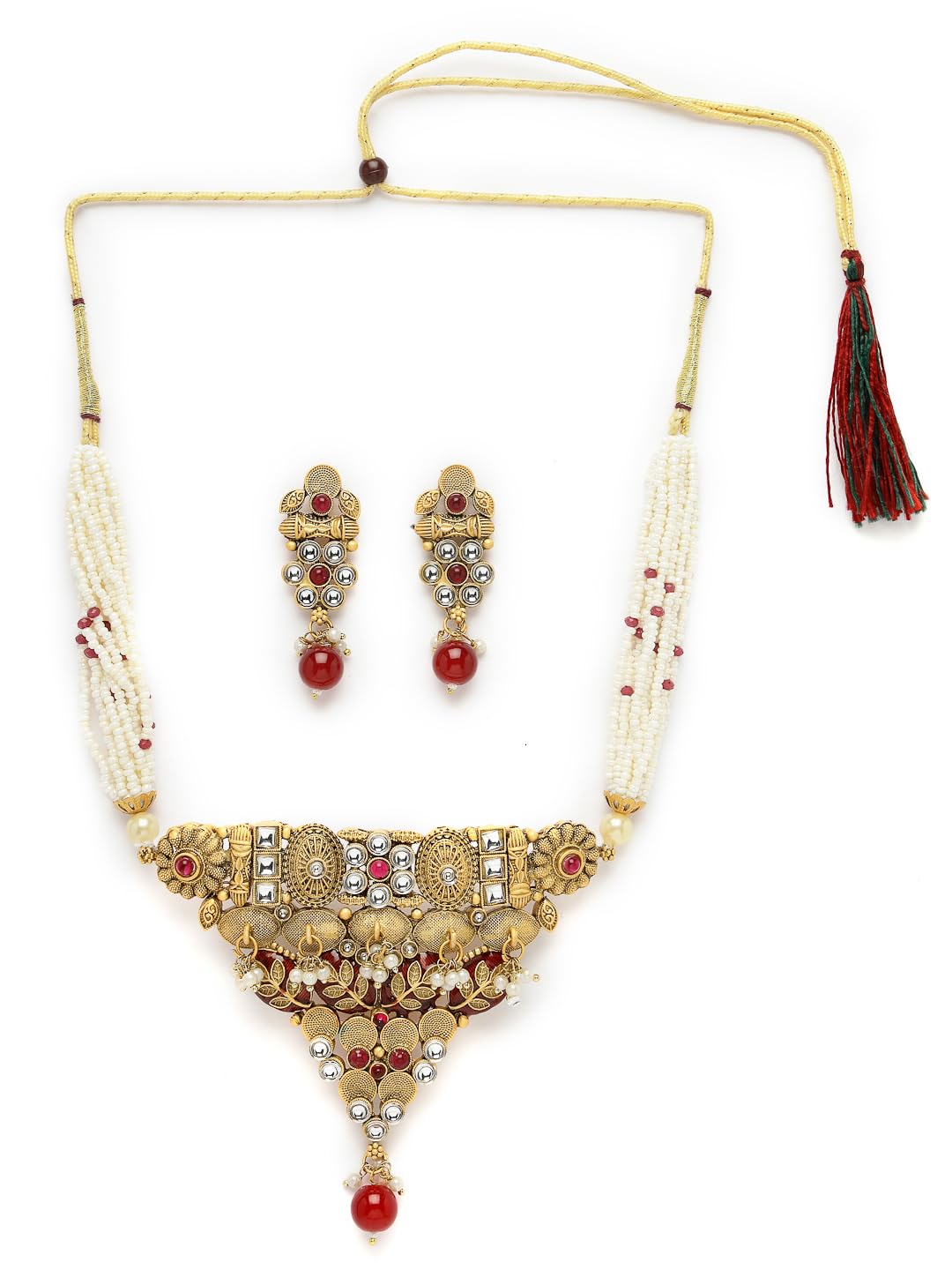 Adiva Latest Stylish Traditional Gold-Plated Kundan Stone Studded Pearls & Beads Meenakari Handcrafted Choker Necklace with Earrings Jewellery Set for Women & Girls