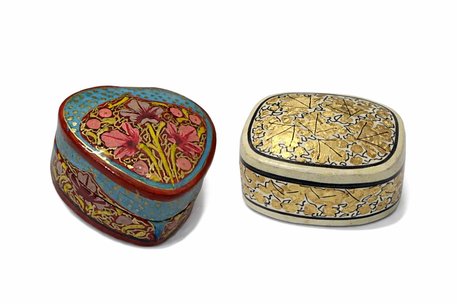 Decorative Hand Made Paper Mache Heart Shaped Trinket Box, Floral Design, Turquoise and Red, Hand Painted Enamel Finish-image-36