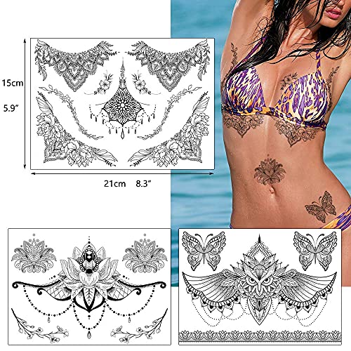 Glaryyears Black Lace Temporary Tattoo For Women Girls, 60+ Patterns 8 Pack Fake Mandara Flowers Tattoos Stickers, Sexy On Body Underboob Arm Chest Shoulder Thigh Abdomen Waist For Beach Party #TOP3