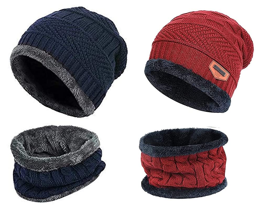 2 Pairs Men's & Women's Snow Proof Inside Fur Warm Woolen Cap with Neck Muffler Neck Warmer Scarf for Winters - Free Size (Blue and Red) Unisex Beanie Cap with Neck Warmer Set-image-12