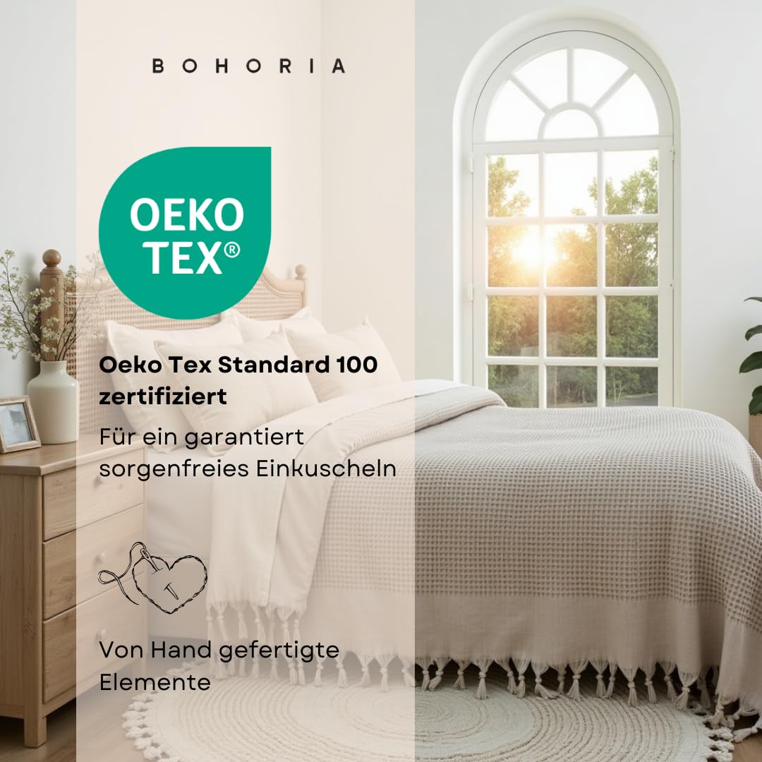 BOHORIA® Tagesdecke 220x240 cm in Waffeloptik Santorini | extra groß | 100% Baumwolle | Oeko-Tex® | Überwurf für Sofa, Sessel & Bett | Sofadecke Wolldecke Wohndecke (Sepia)