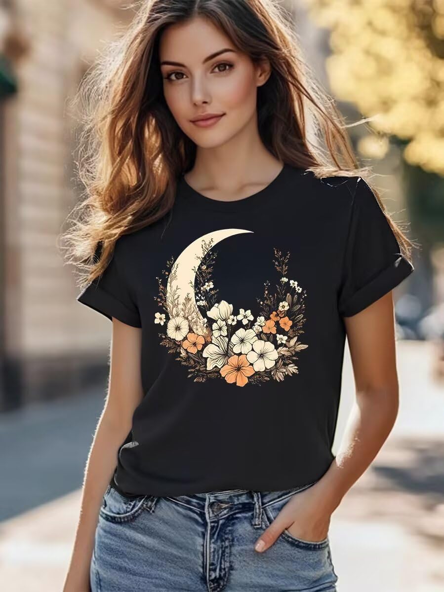 Vintage Women Boho Floral Moon Graphic T Shirt Funny Colorful Wildflowers Girl Short Sleeve Botanical Tee Tops - Image 2