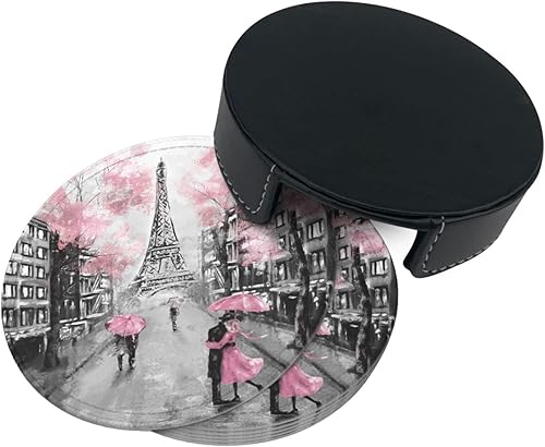 Miniatura 4 de Juego de 6 posavasos de cuero de la Torre Eiffel para los amantes de París de color rosa para bebidas con soporte para mesa de bebidas, posavasos