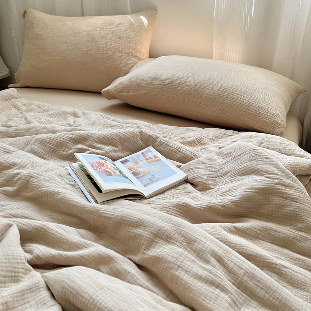 Edredón/Confort de Verano Twin Queen, sábana Plana, 2 Fundas de Almohada, Lino Ultra Suave, Ligeramente Arrugado, Tacto Transpirable, Color 4, 110 x 150 cm, 2 Unidades