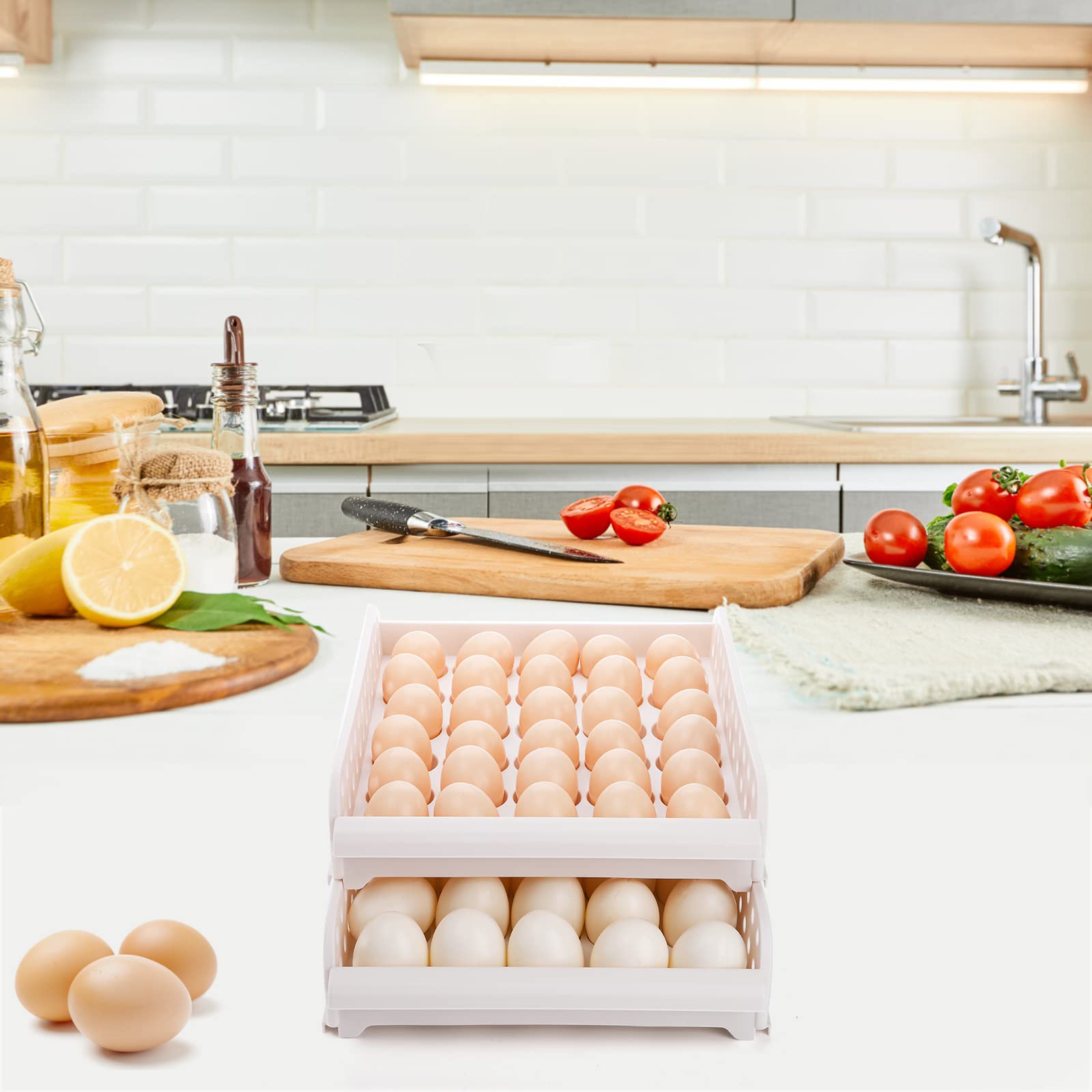 DEAYOU Soporte para huevos de 60 rejillas para refrigerador, contenedor de caja de almacenamiento de huevos de 2 capas, apilable, gris