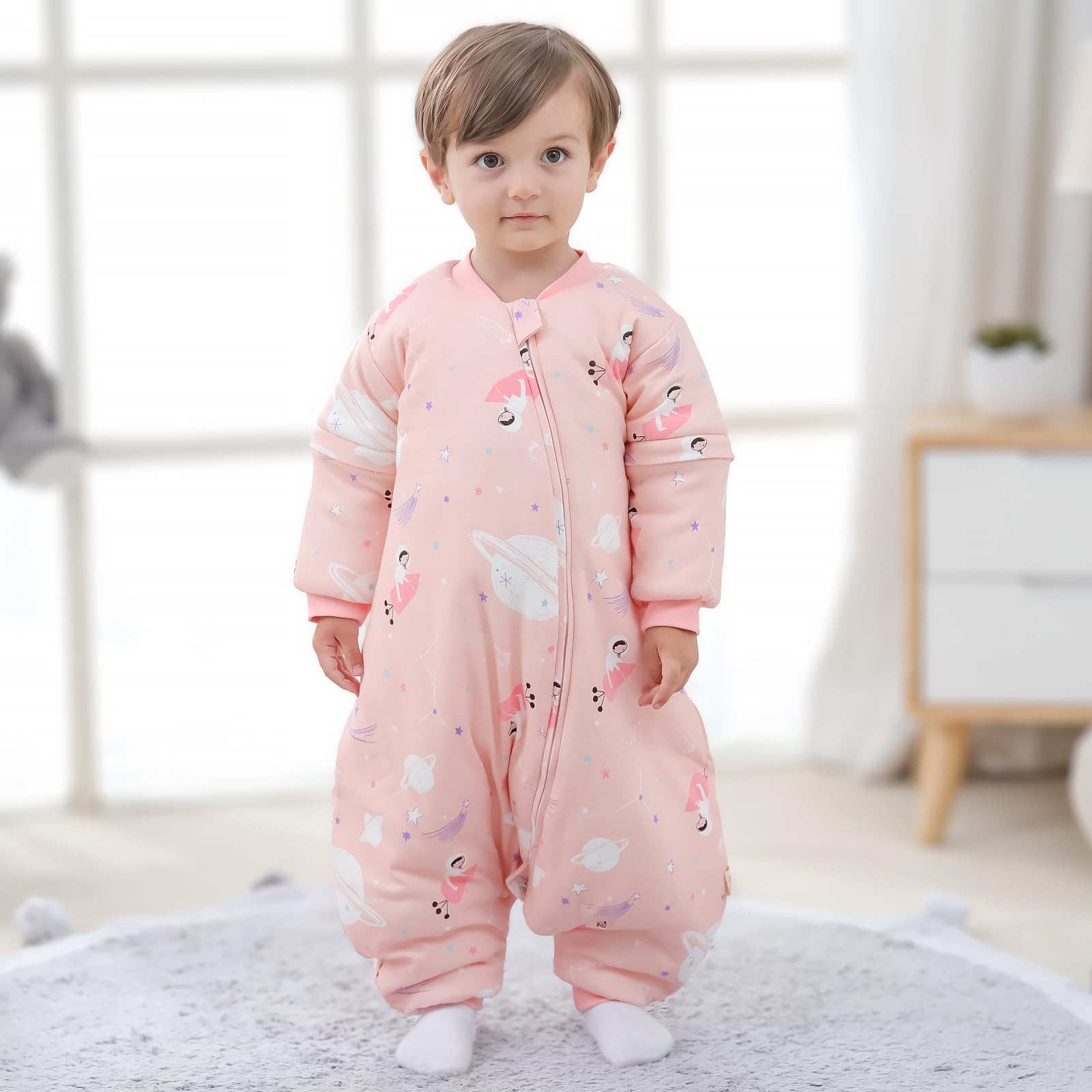 Mosebears Sacco nanna per bambino con gambe foderato calorosamente Sacco nanna per bambini maniche rimovibili, pigiama unisex per bambina